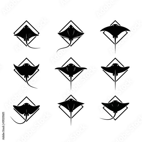 Set of Black Stingray Silhouettes in Diamond Shapes.