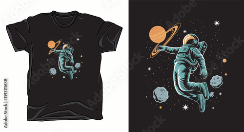 Astronaut in orbit around a planet with stars and asteroids graphic vector t-shirt design print template illustration