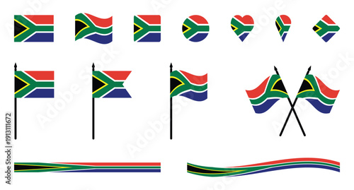 South Africa Flag Vector Collection Icons, Buttons, and Waving Ribbons Set.