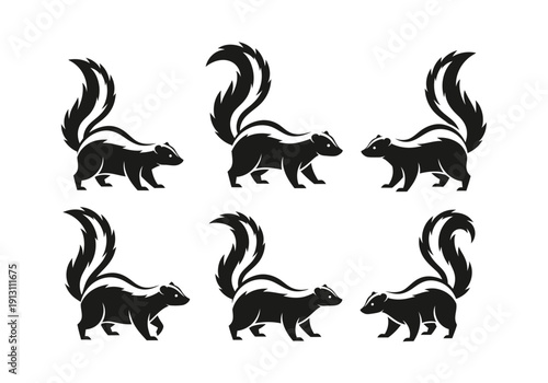 Set of Six Black and White Skunk Silhouettes.