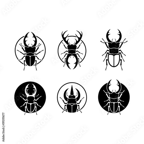Set of Six Black Beetle Icons in Circles.