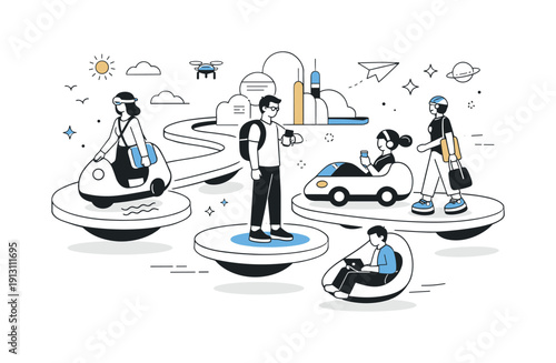 Surrealist visions of future lifestyles. People commuting calmly on floating paths with abstract vehicles and wearable tech. Quiet rhythm of