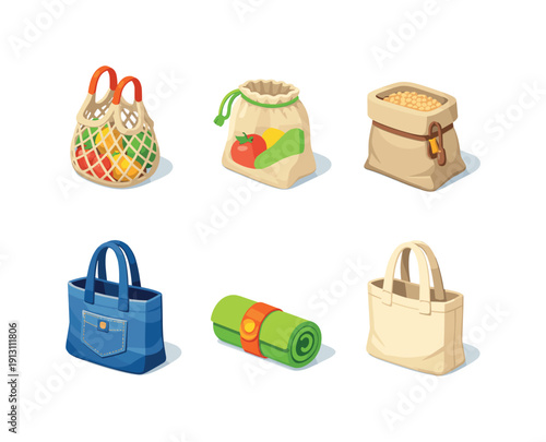    Eco shopping gear. Isometric flat vector icons set of eco shopping gear: string market bag, washable produce sack, reusable bulk bin bag,