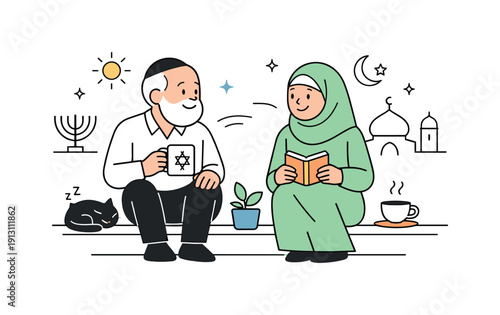 Living together in mutual respect. Neighbors of different beliefs sharing a quiet everyday moment, symbolizing tolerance in daily life. The