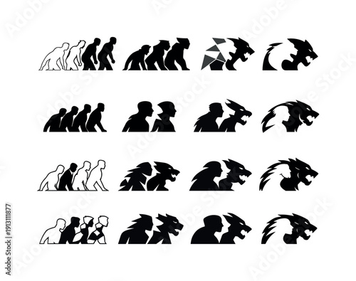 Beast Transformation Icons. Beastly transformations. Icon set. Set Logo of Beastly transformations: human to beast silhouette transition. harmonious logo