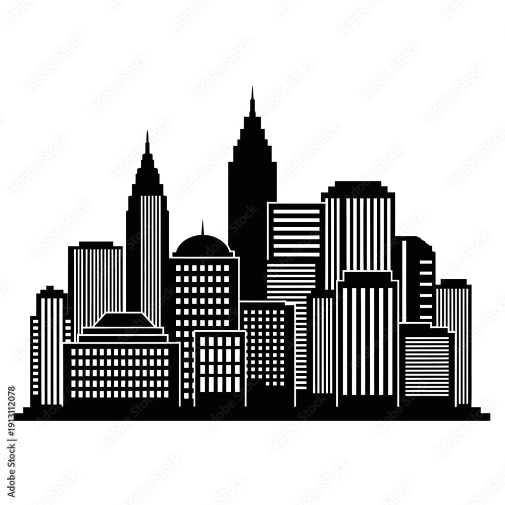 Obraz premium Black and White Cityscape Silhouette of Modern Skyscrapers.