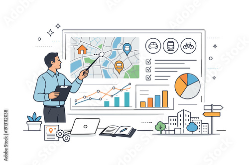 Urban planning offices. Planner analyzing data on a large screen with graphs, maps, and transport icons. Clear process of decision-making and