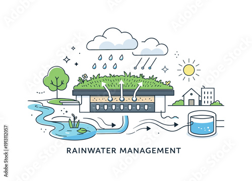 Rainwater management system. Green roof absorbing rain with water drops and flow lines leading away gently. Natural drainage, efficiency and