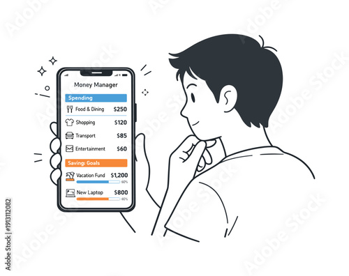 Digital money management. Smartphone screen with spending categories and savings goals, person observing with focus and ease. Clean editorial