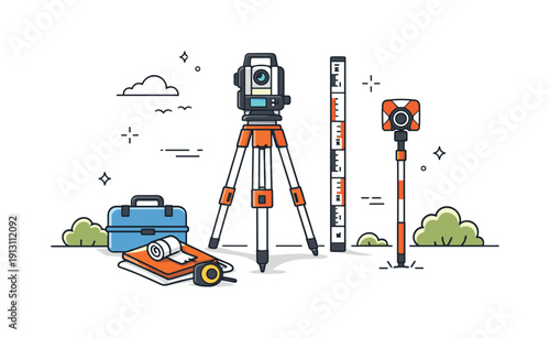    Surveying instruments. A clean outdoor scene with a tripod-mounted theodolite and measuring tools placed neatly nearby. Calm professional