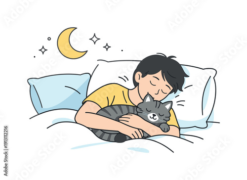 Peaceful Pet Cuddle. Cuddling with a pet before sleep. Person resting in bed while gently hugging a cat or dog, soft pillows and moon icons nearby. Calm