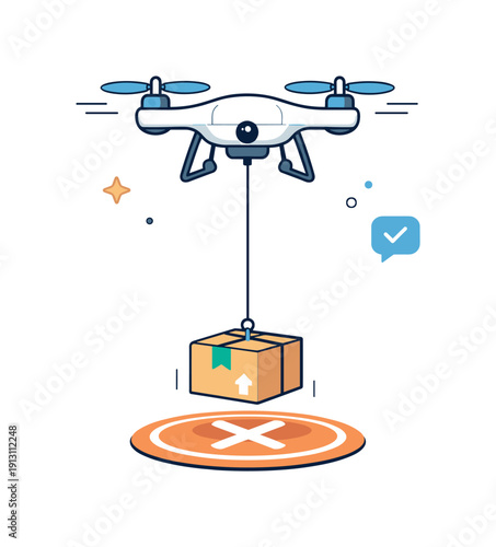 Drone package drop-off. A drone carefully lowering a small box with a thin cable onto a marked delivery spot. The illustration feels precise,