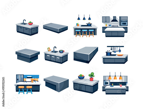 Stone Kitchen Icons. Stone Kitchen Island. Colorful flat vector icons set of Stone Kitchen Island: central kitchen island, stone island top, countertop with