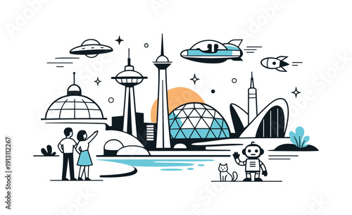 Retro-futuristic city. Simplified skyline with domes, towers, and flying vehicles, calm optimism and mid-century future mood. Clean geometry
