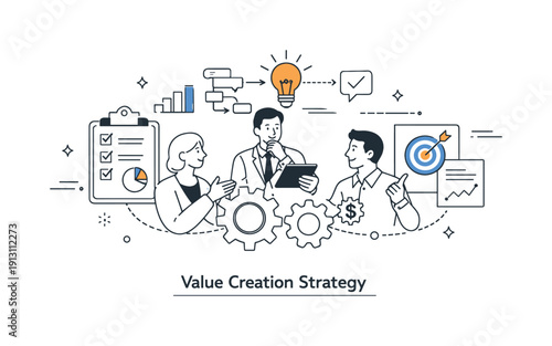 Value creation strategy. Private equity partners planning operational improvements, thoughtful decision-making and alignment. Gears, charts,