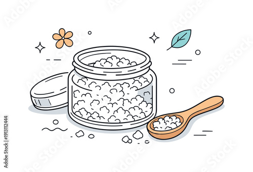 Serene Spa Essentials. Natural bath salts. Open glass jar with coarse bath salts and wooden spoon placed beside it, expressing calm self-care and spa