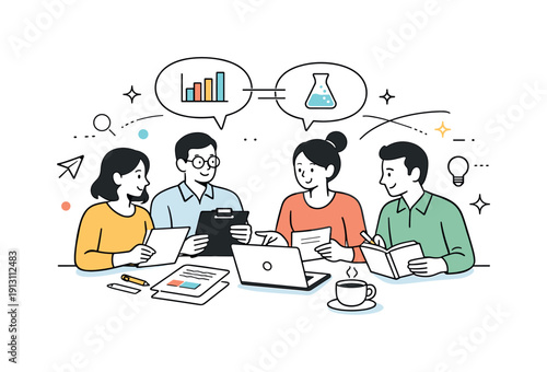 Shared research discussion. A group gathered around a table, comparing notes and results, calm collaboration and mutual focus. Light abstract