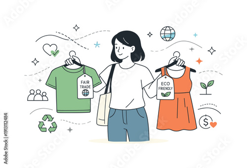 Ethical fashion choice. A shopper compares clothing items with fair-trade and sustainable tags, abstract floating lines and stars