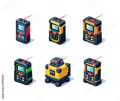 Colorful Laser Tools. Construction laser meter. Isometric flat vector icons set of construction laser meter: builder laser distance meter, site measurement