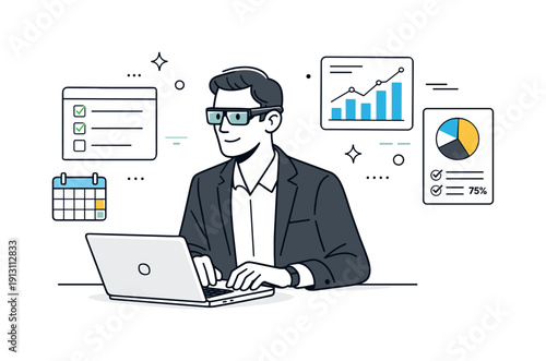 Smart Glasses Productivity. Wearable tech productivity. Professional using smart glasses to review tasks and data, focused and efficient atmosphere. Charts,