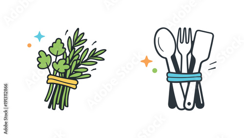 Elastic around food items. A bunch of herbs or set of utensils wrapped casually with a rubber band, hinting at kitchen prep or leftover