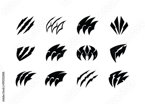 Ruthless hunters. Icon set. Set Logo of ruthless hunters: fang or claw symbol. harmonious logo variations of the same emblematic concept,