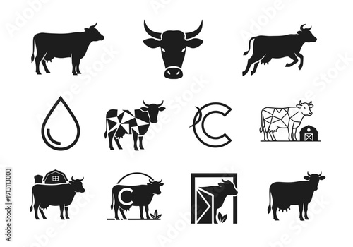 Cow Icons Set Vector Black and White Farm Animals.