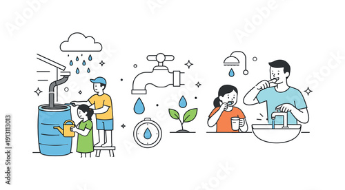 Water conservation practices. Residents collecting rainwater and using efficient taps, highlighting mindful habits and everyday