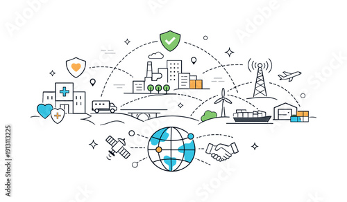Global safety systems. Infrastructure elements like hospitals, supply routes, and communication towers connected visually across regions.