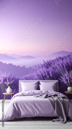 Lavender Themed Bedroom Interior with Bed Mountain View and Soft Lighting