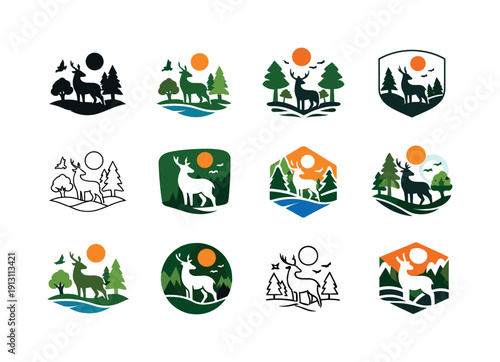 Nature reserves. Icon set. Set Logo of Nature reserves: wildlife sanctuary. harmonious logo variations of the same emblematic concept, each