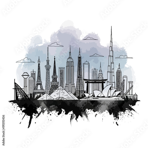 Famous World Landmarks Skyline Illustration.