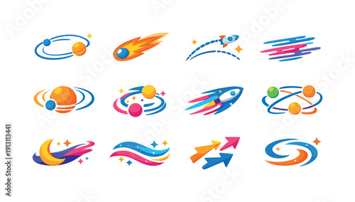 Cosmic motion. Colorful flat vector icons set of cosmic motion: orbital path, moving comet, curved trajectory, space speed lines,