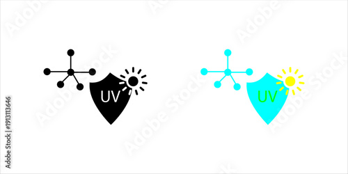 Minimal line icon showing UV shield protection with molecular structure and upward arrows, symbolizing UV resistance, material protection, and enhanced performance.