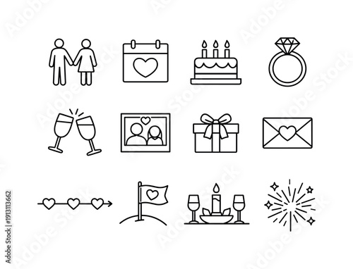    Anniversaries and Milestone Moments in Relationships. Line icon set of Anniversaries and Milestone Moments in Relationships: couple holding