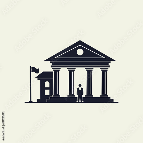 Government Building Icon with Person and Flag.