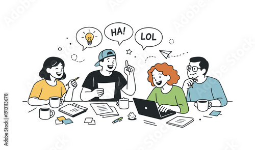 Behind-the-scenes of sitcoms. Writers brainstorming jokes around a table with notes and coffee cups. Playful yet focused creative energy.