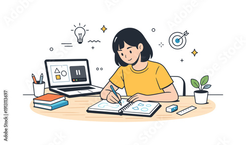 Self-paced skill development. Learner pausing an online lesson to practice new techniques at a desk. Editorial scene focused on