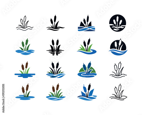 Wetland Logo Variations. Wetland restoration. Icon set. Set Logo of wetland restoration: cattails and water. harmonious logo variations of the same emblematic