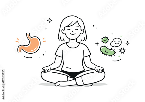 Digestive balance and wellbeing. Person feeling comfortable and relaxed while simple icons of stomach and microbes appear softly nearby.