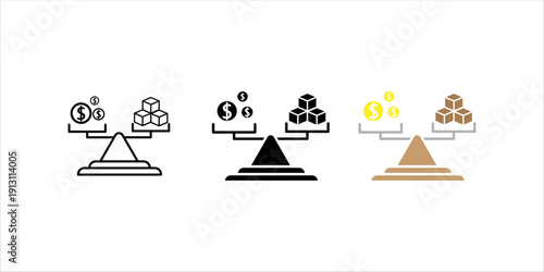 Line icon set. of a balance scale comparing money and stacked boxes, symbolizing financial decision making, investment evaluation, and cost analysis.