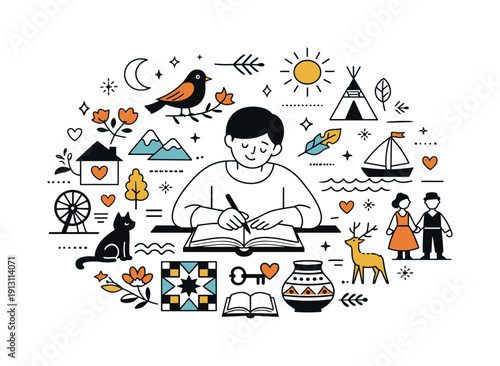 Folk art storytelling. A calm editorial scene where symbolic ornaments and patterns surround a maker, representing stories, identity, and