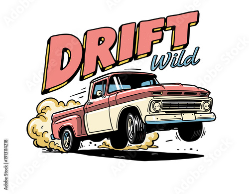 Retro hot rod pickup truck vector mascot graphic with 