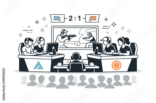 E-sports tournaments. Professional gamers competing on stage with large screens and subtle crowd silhouettes behind. The scene conveys focus,