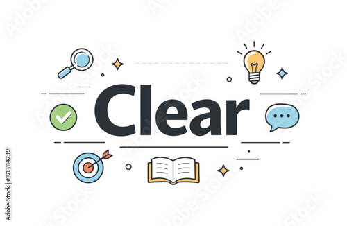 Typography as communication. A bold word centered clearly, supported by small icons and alignment marks that suggest meaning and clarity. The