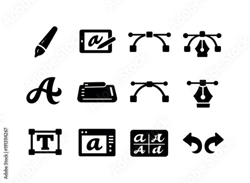 Calligraphy in modern design. Solid icon set of digital calligraphy: stylus pen, tablet screen, vector path, curve anchor, digital