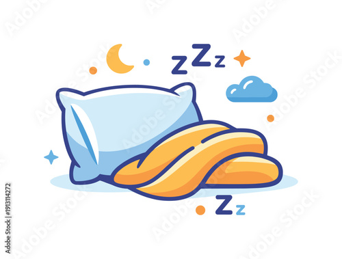 Taking a nap on a lazy afternoon conveyed through a close-up of a pillow, soft blanket and subtle sleep icons floating nearby. The