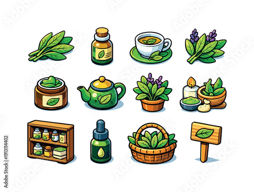 Herbal sage. Colorful isometric vector icons set of herbal sage: medicinal sage leaves, herbal remedy bottle, sage infusion cup, healing herb