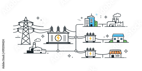 Power distribution network. A simplified grid diagram with transformers and branching power lines supplying abstract buildings. Sense of