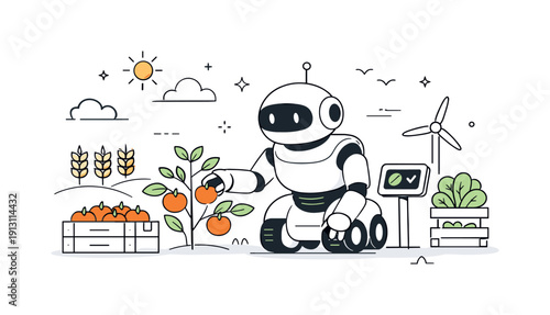 Futuristic Farming Bots. Robots in farming for harvesting. An agricultural robot gently picking ripe crops in a field, calm and efficient. The scene shows